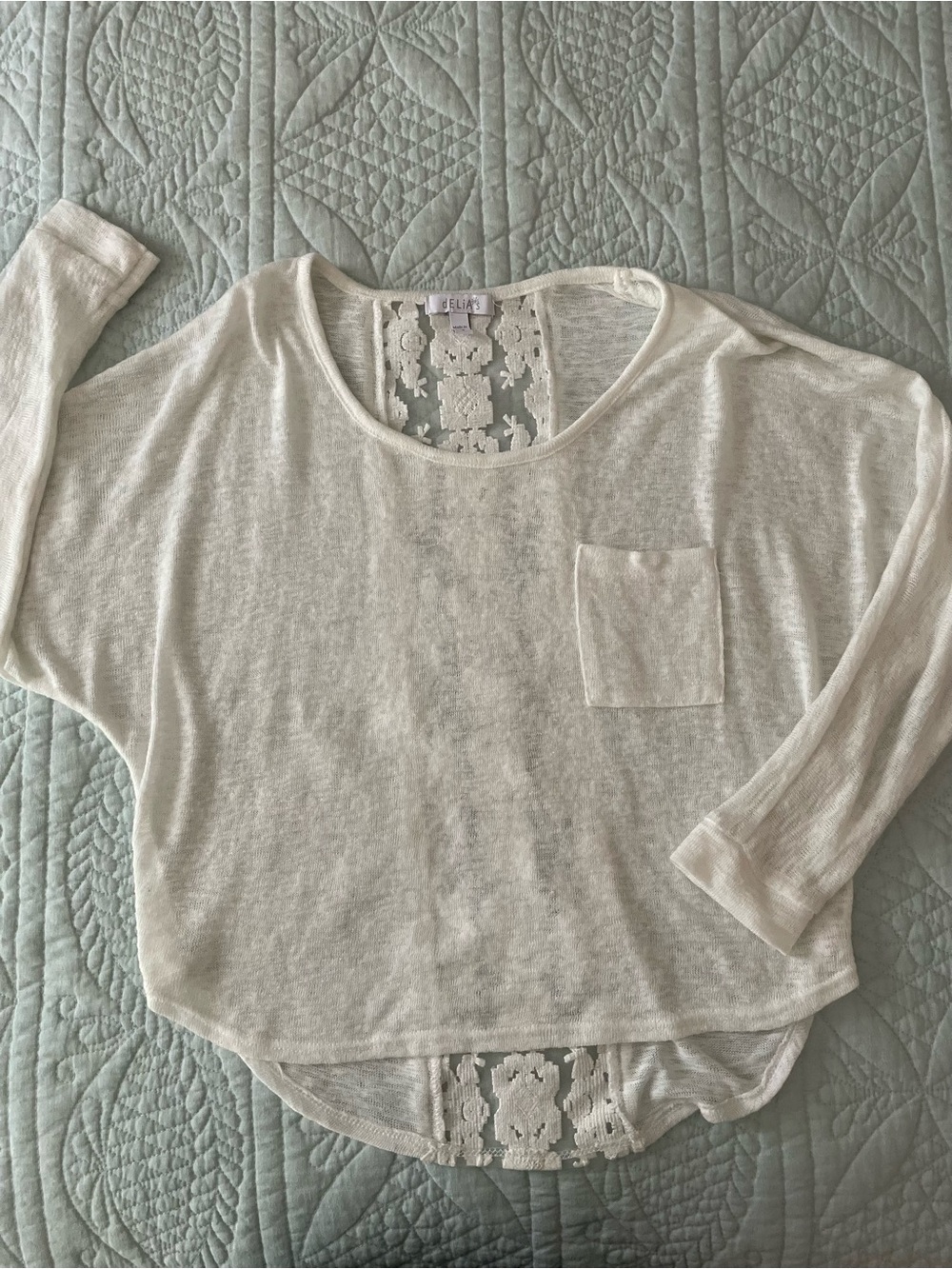 dELiA*s Lightweight Ivory Lace-Back Dolman Sleeve High-Low Top Size S